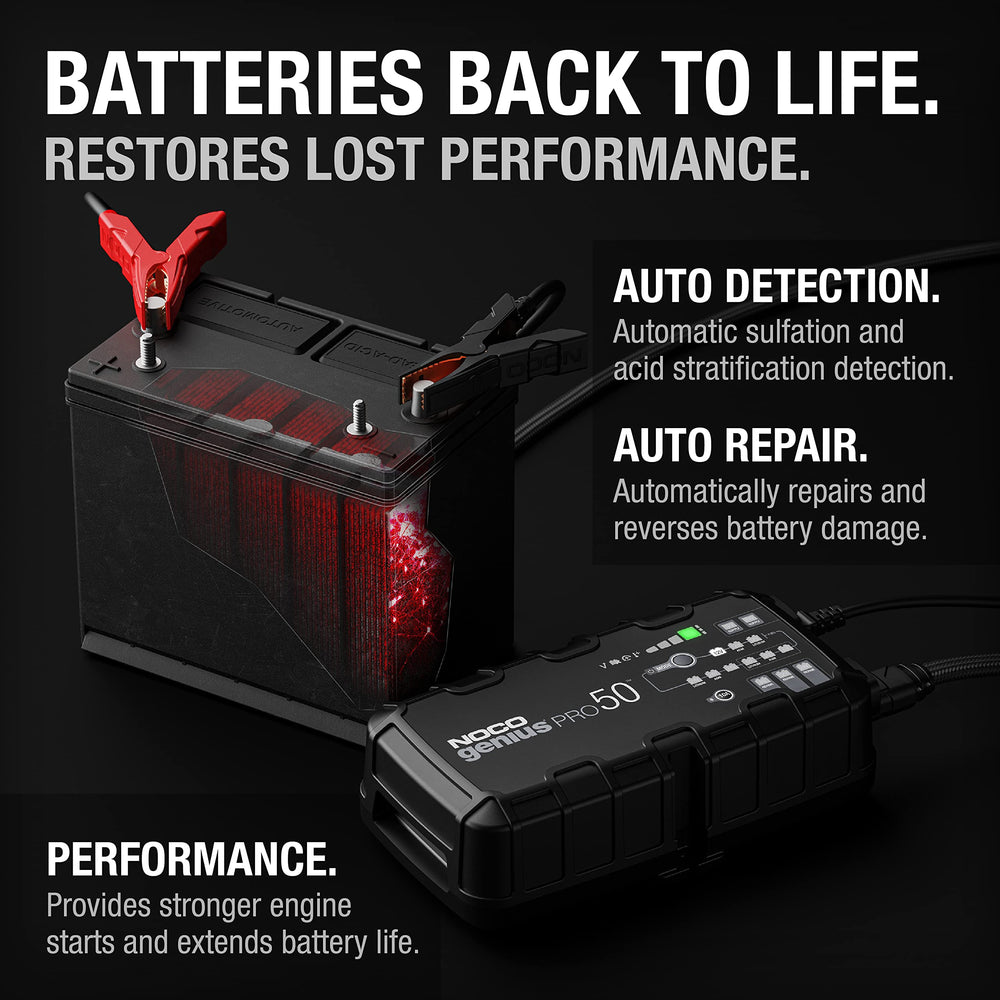 NOCO GENIUSPRO50 powering ECU flashing setup providing clean, ripple‑free diagnostics