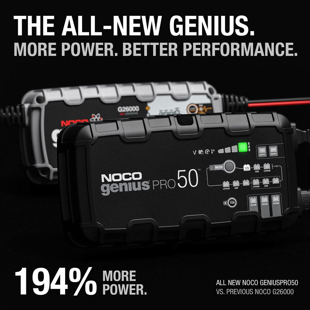 NOCO GENIUSPRO50 rugged side profile highlighting braided shielding and weather resilience