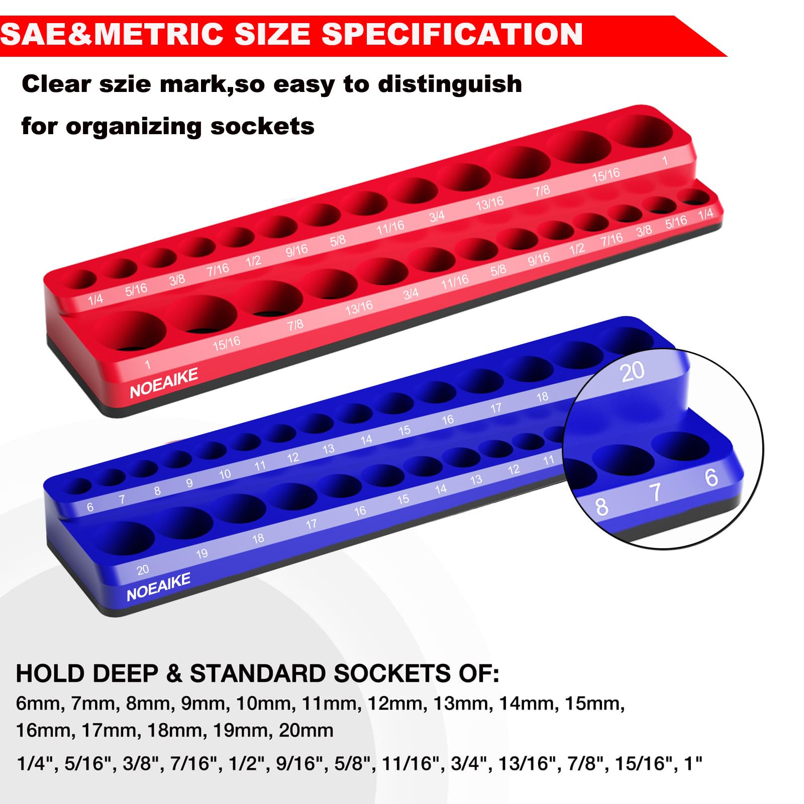 NOEAIKE close-up of printed size markings for fast socket identification