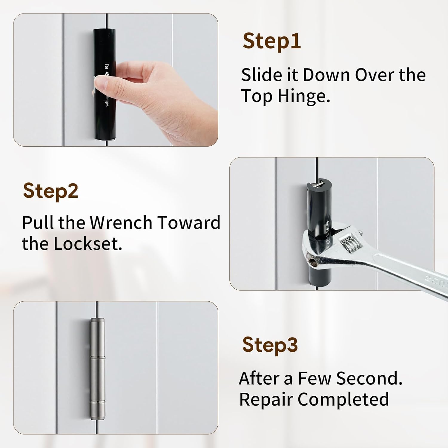 Noliven tool in use aligning a door to stop rubbing and restore smooth swing