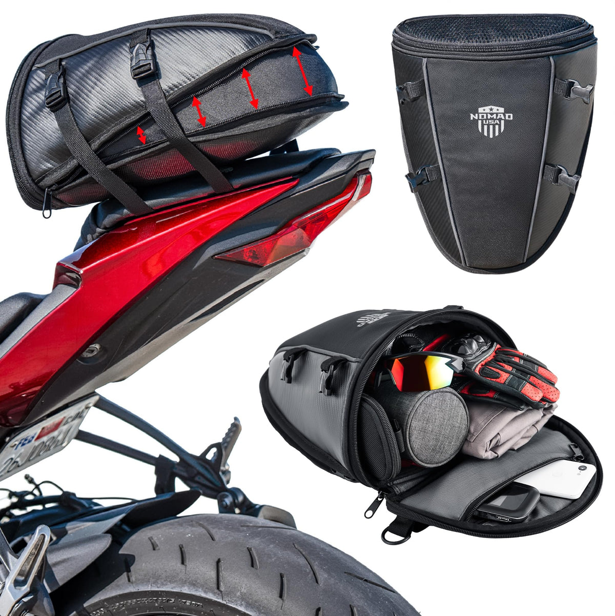 Nomad USA front profile showing compact aerodynamic shape and easy access pockets