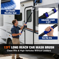 Novastry extended pole in use cleaning an RV roof, safer ground-level reach benefit