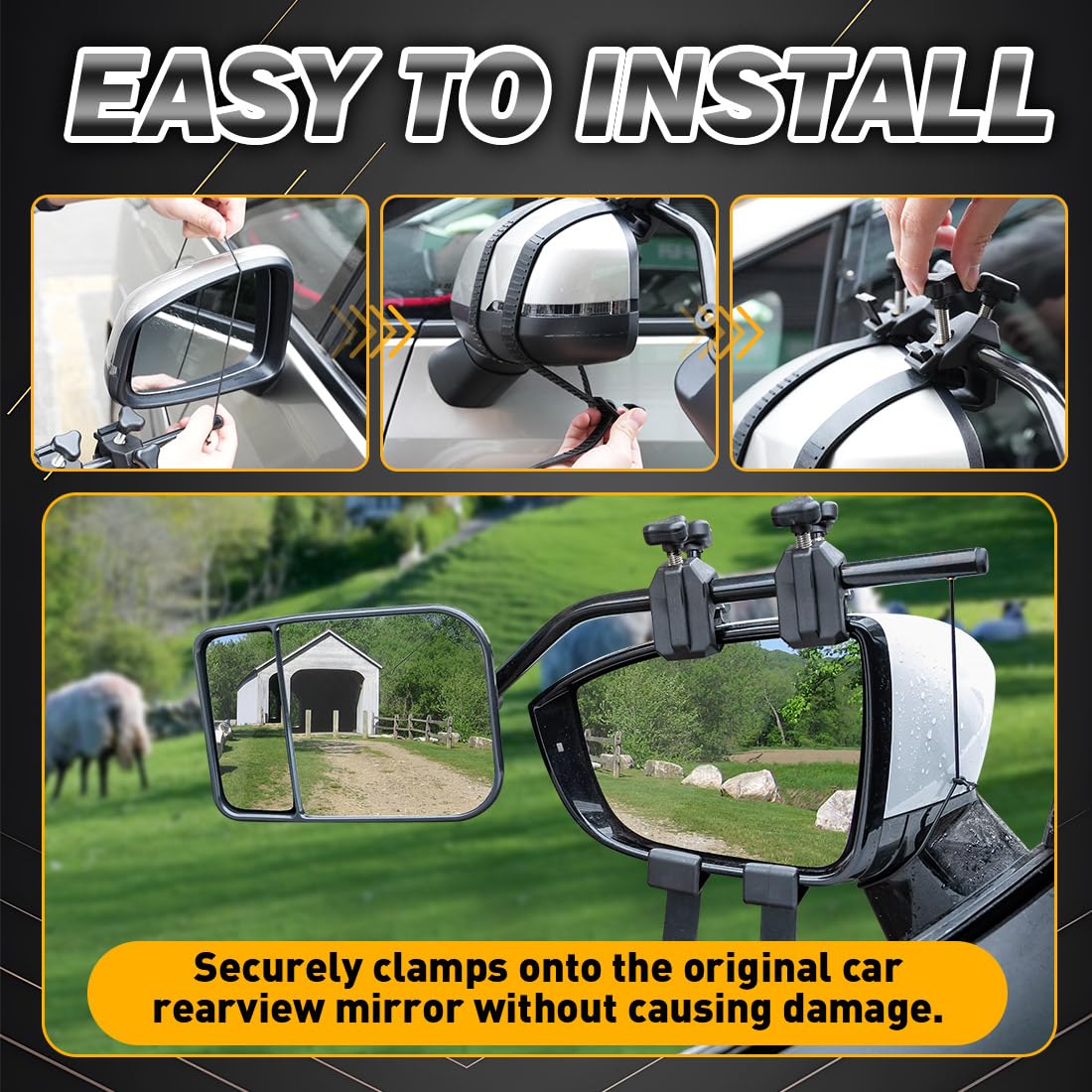 NOVCAPAR mirror in use while towing trailer offering safer lane changes