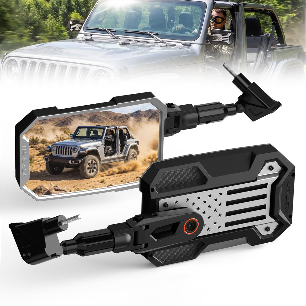 NOVSIGHT front-mounted mirror on Jeep showing wider rear view benefit