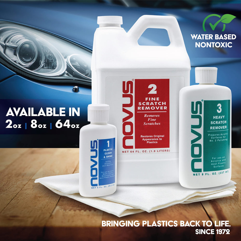 Novus being applied to motorcycle windscreen showing scratch removal and safety benefit