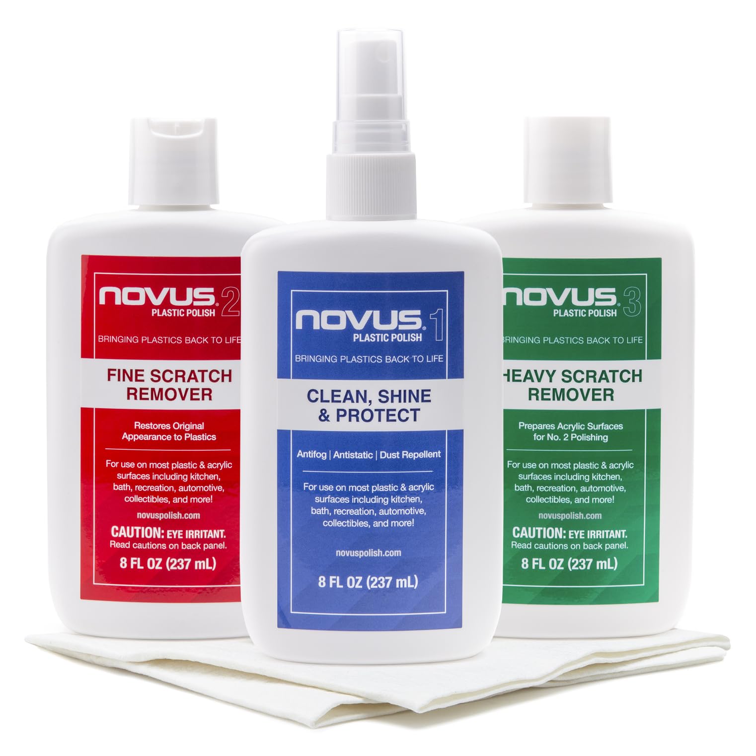 Novus kit front packaging showing bottles and Polish Mates for clear results