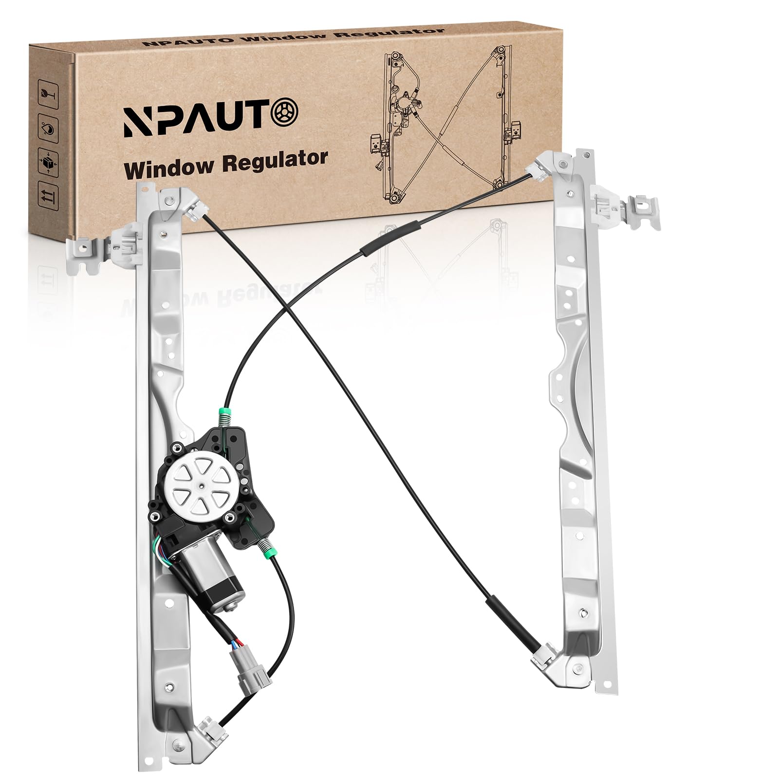 NPAUTO front-right regulator assembly showing complete unit and easy replacement benefit