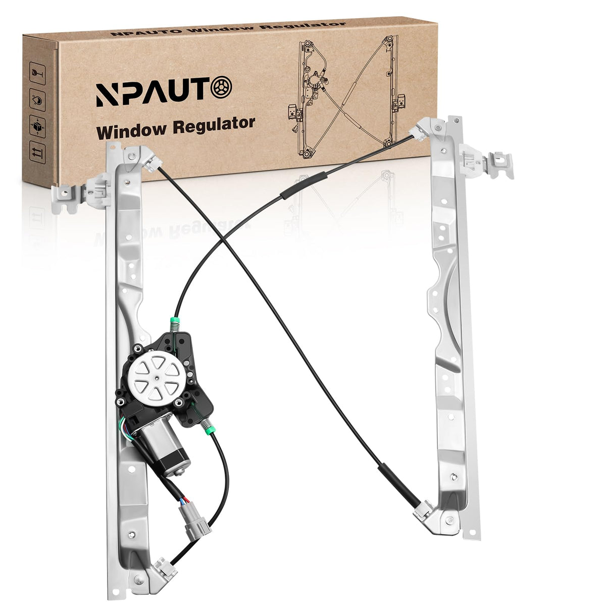 NPAUTO front-right regulator assembly showing complete unit and easy replacement benefit