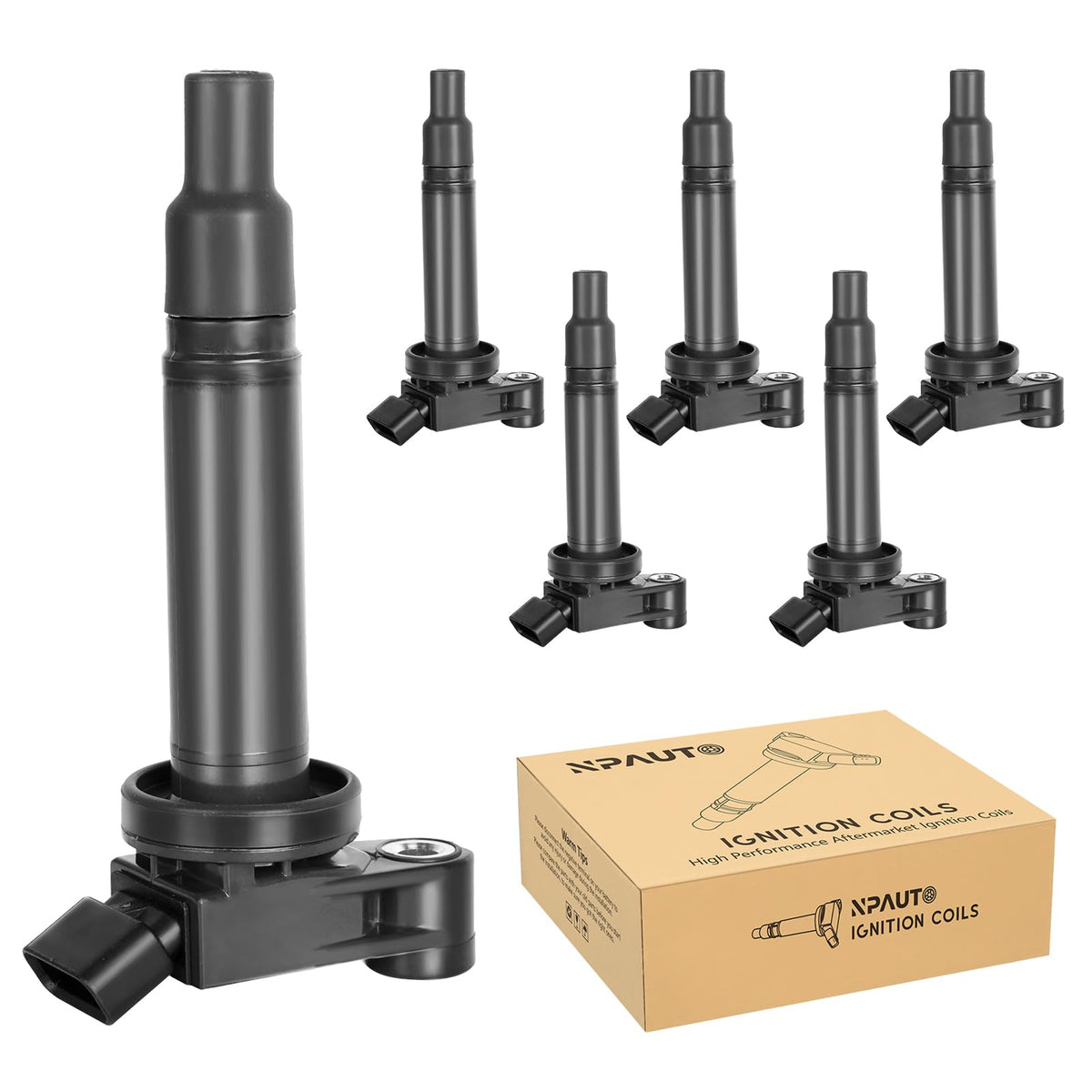 NPAUTO front view of six ignition coils showing fit and finish for quick identification