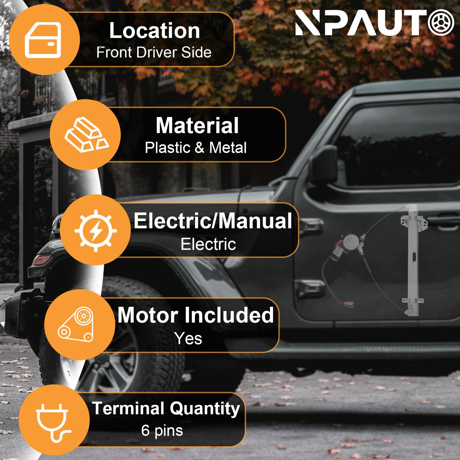 NPAUTO motor close-up with wiring connector, highlights reliable motor fit and easy plug-in