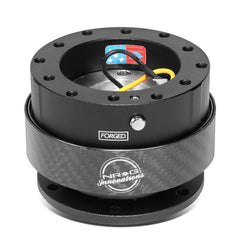 NRG Innovations front view of quick release showing mounting face and black finish, secure fit