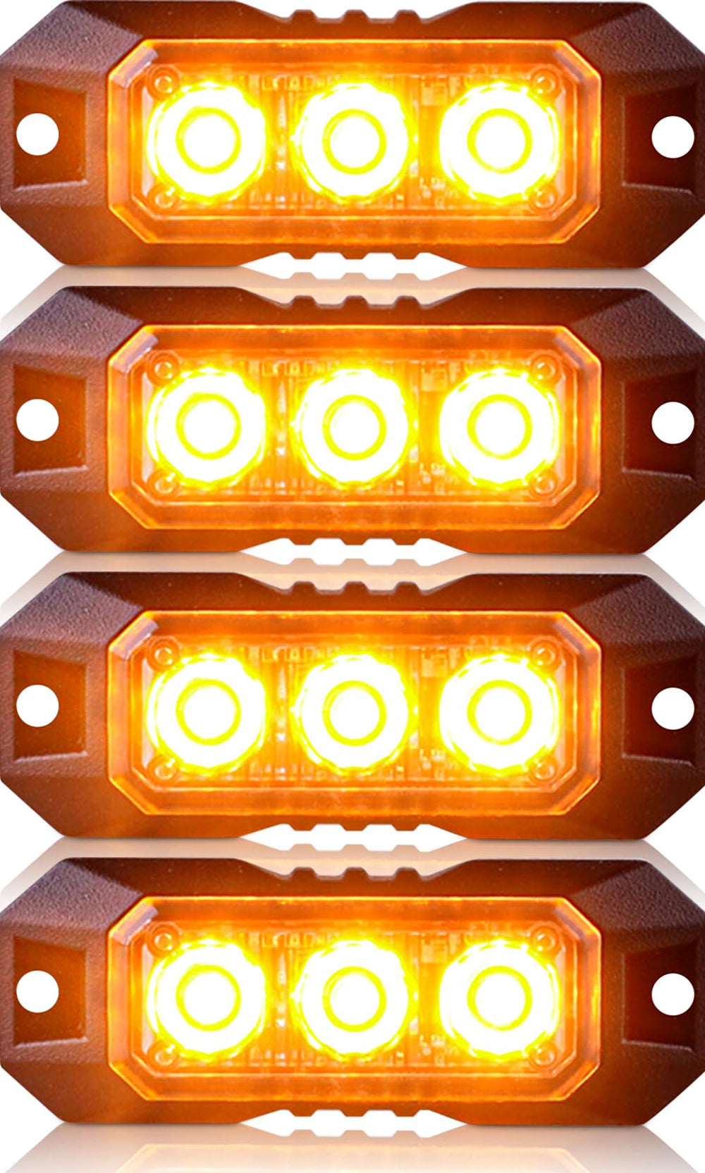 Nrgedzam front-angle strobe showing compact profile and strong amber visibility