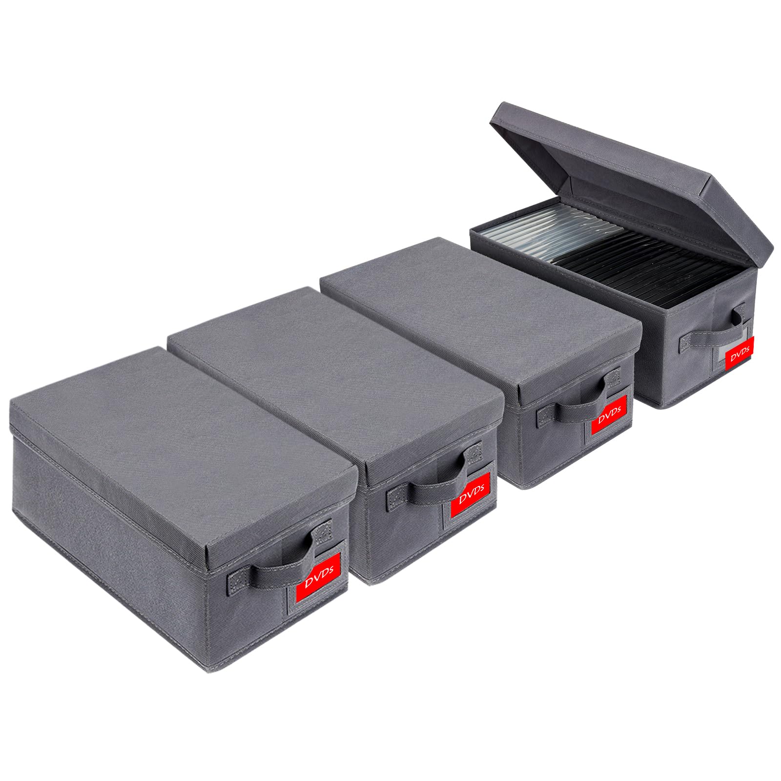 NUSWOR front view of four grey stacked boxes showing tidy media storage benefit