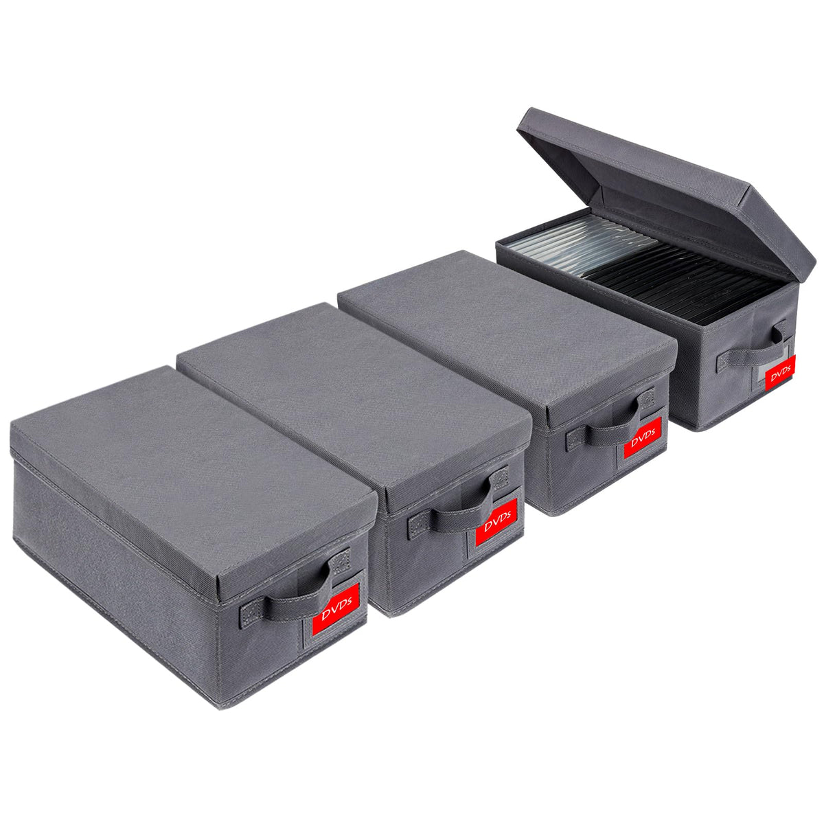 NUSWOR front view of four grey stacked boxes showing tidy media storage benefit