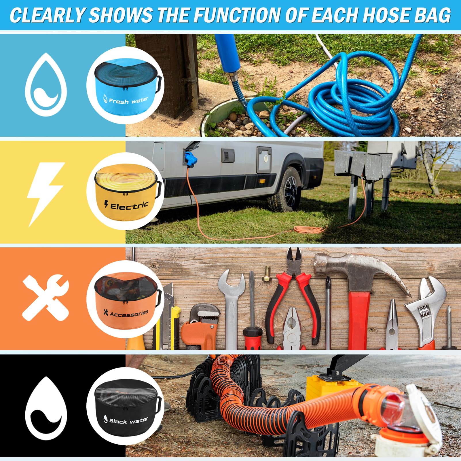 NVAAV filled bags containing hoses and cords to prevent tangles and damage