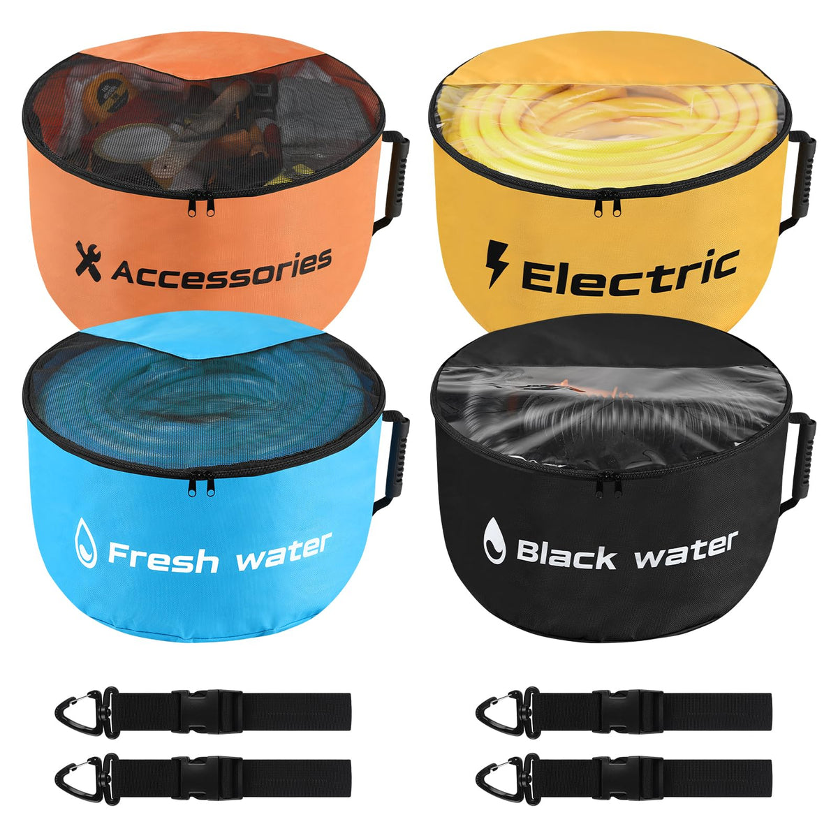 NVAAV front view showing four labeled bags for quick identification and organization