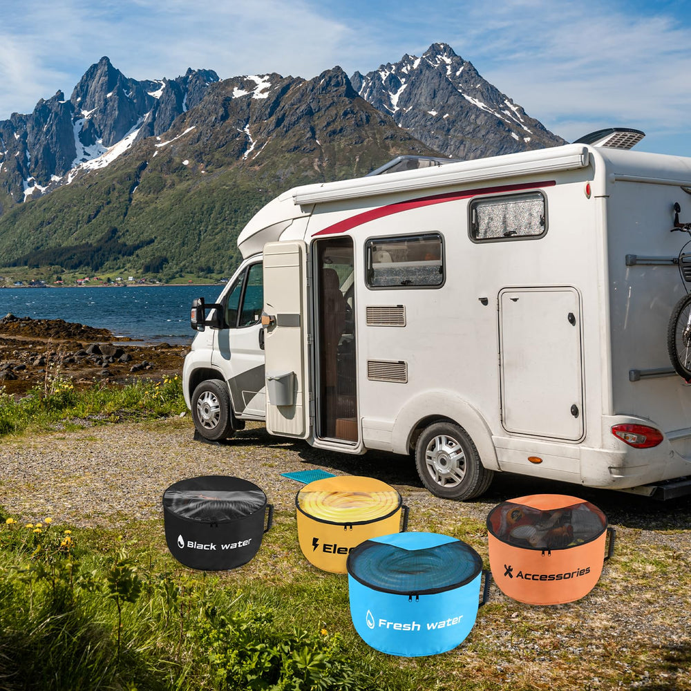 NVAAV bags staged beside an RV during hookup for fast campsite setup
