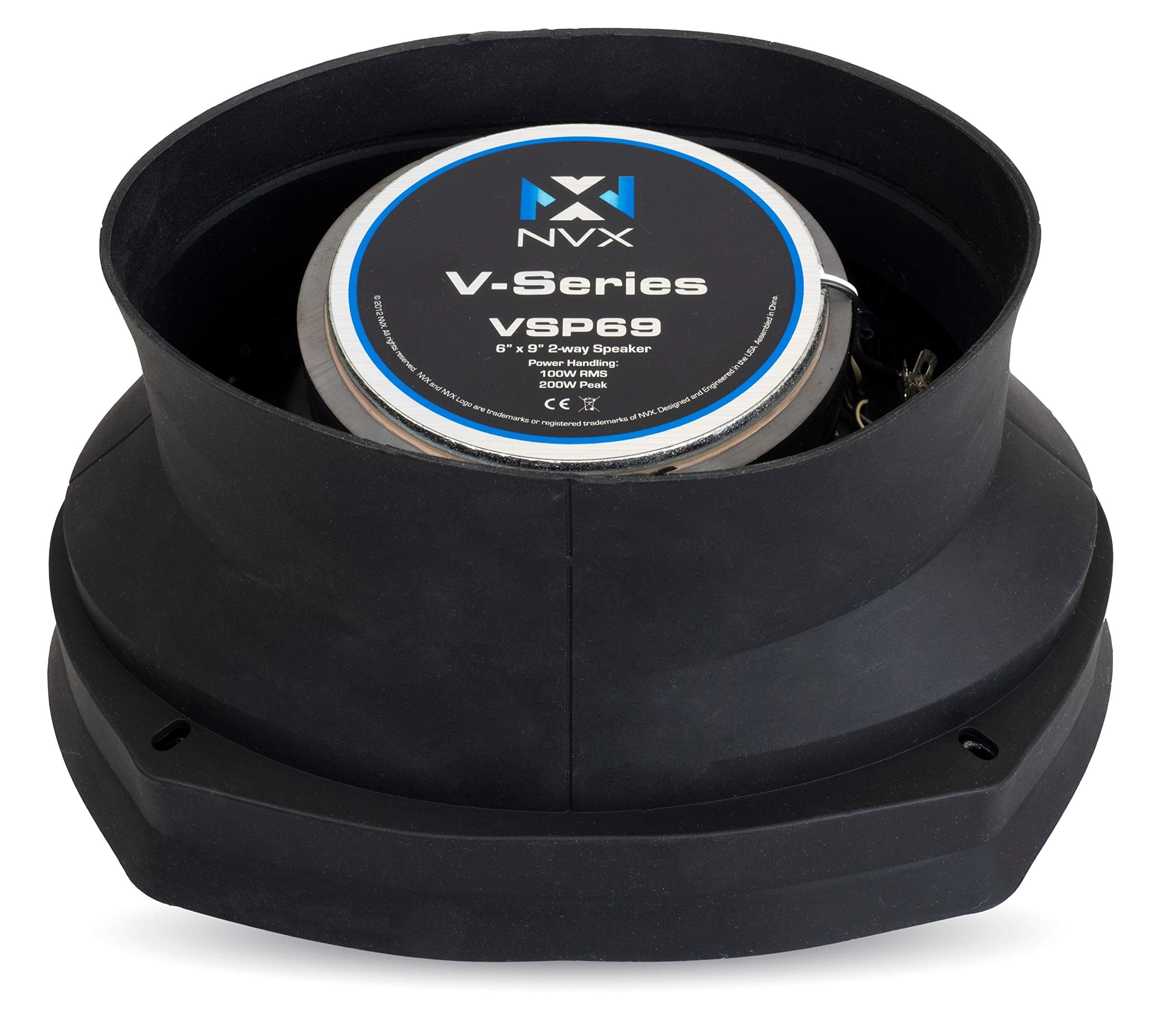 NVX baffle installed inside a vehicle door showing protected speaker