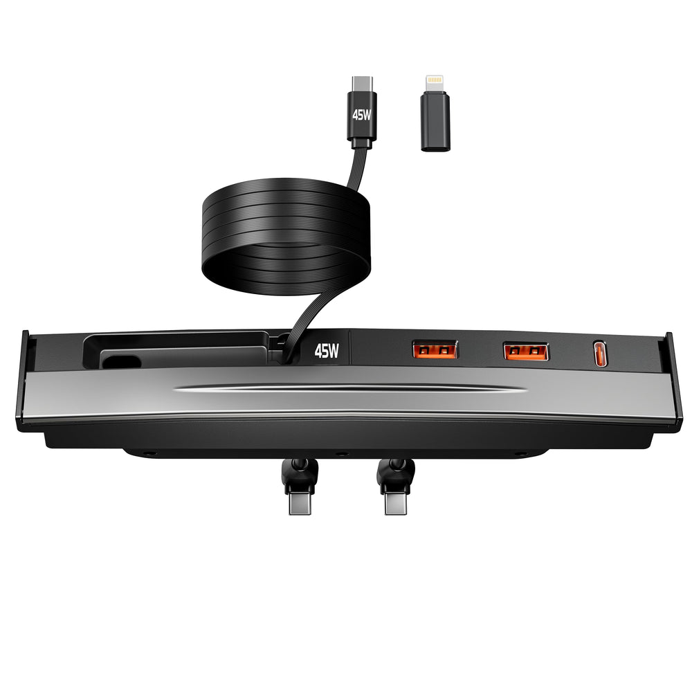 Nycetek center console front view showing neat integrated charger fit and fast charging
