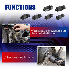 NYXOVA puller in use on motorcycle flywheel demonstrating safe removal