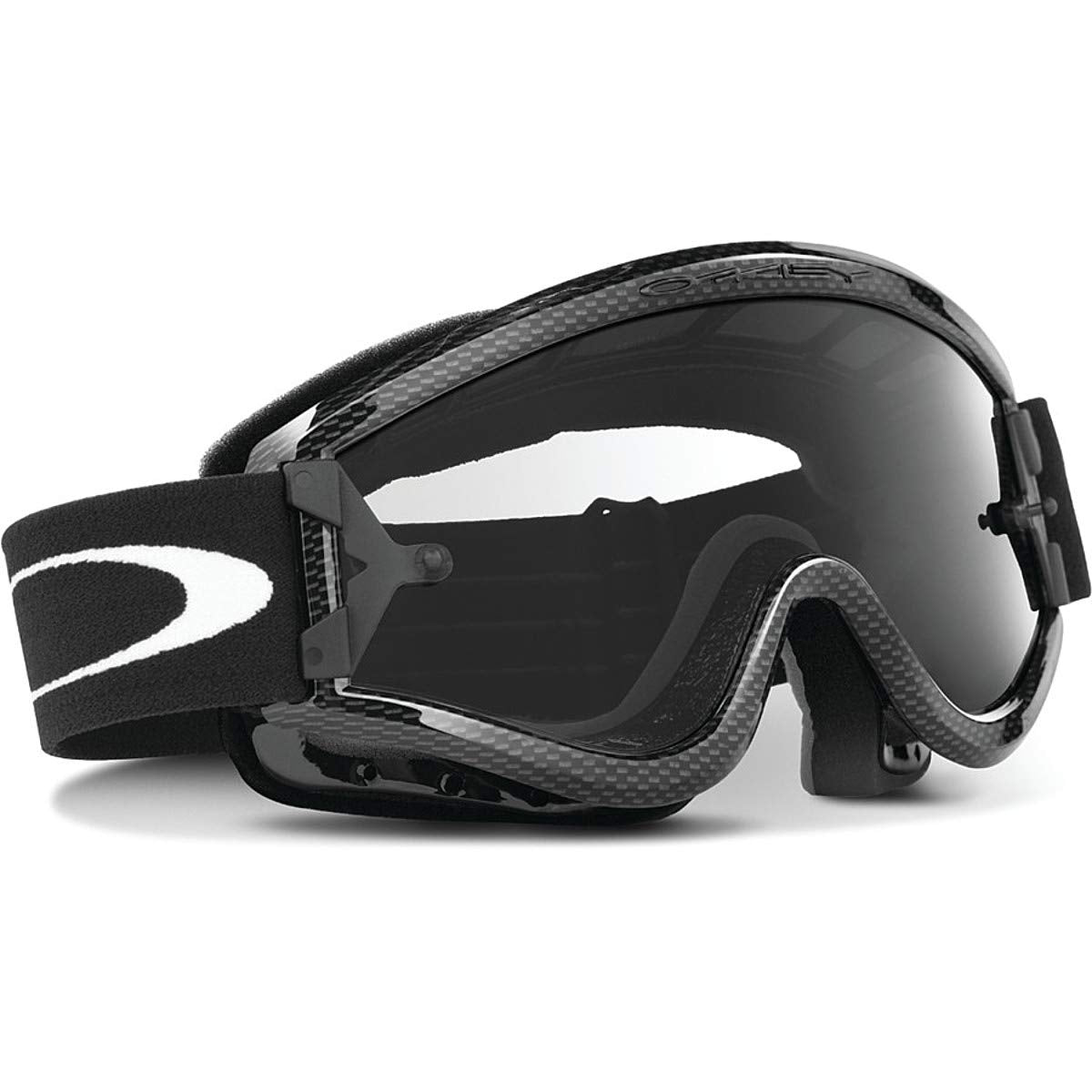 Oakley L-Frame goggles front view carbon fiber frame showing clear Lexan lens and comfort foam