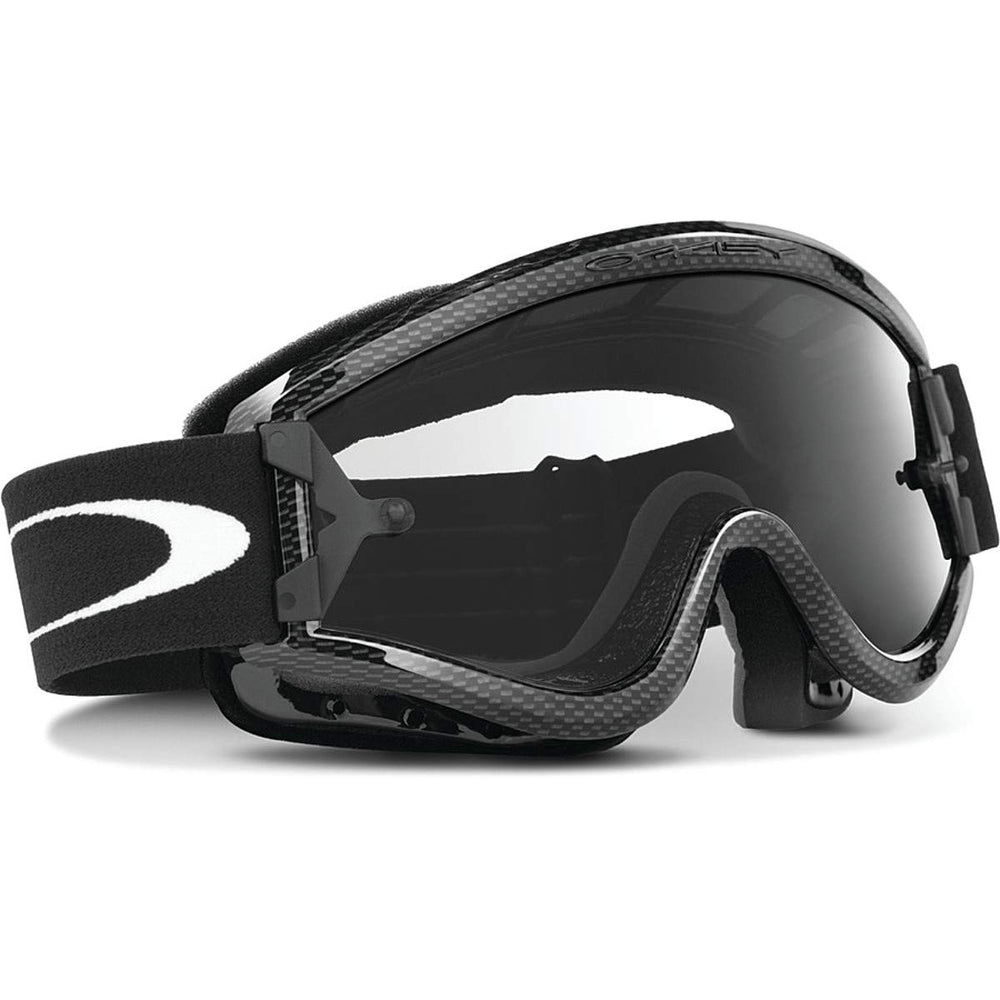 Oakley L-Frame goggles front view carbon fiber frame showing clear Lexan lens and comfort foam