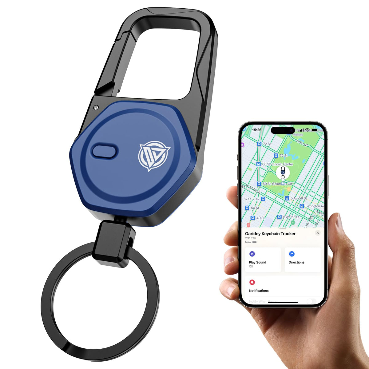 Oaridey keychain front view showing navy finish and compact design for durable tracking