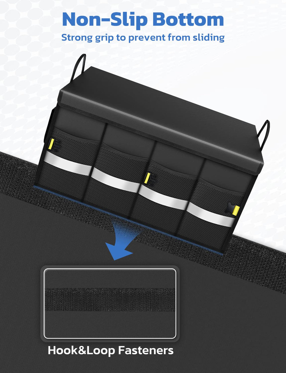 Oasser underside with hook-and-loop fasteners visible benefit prevents sliding in car