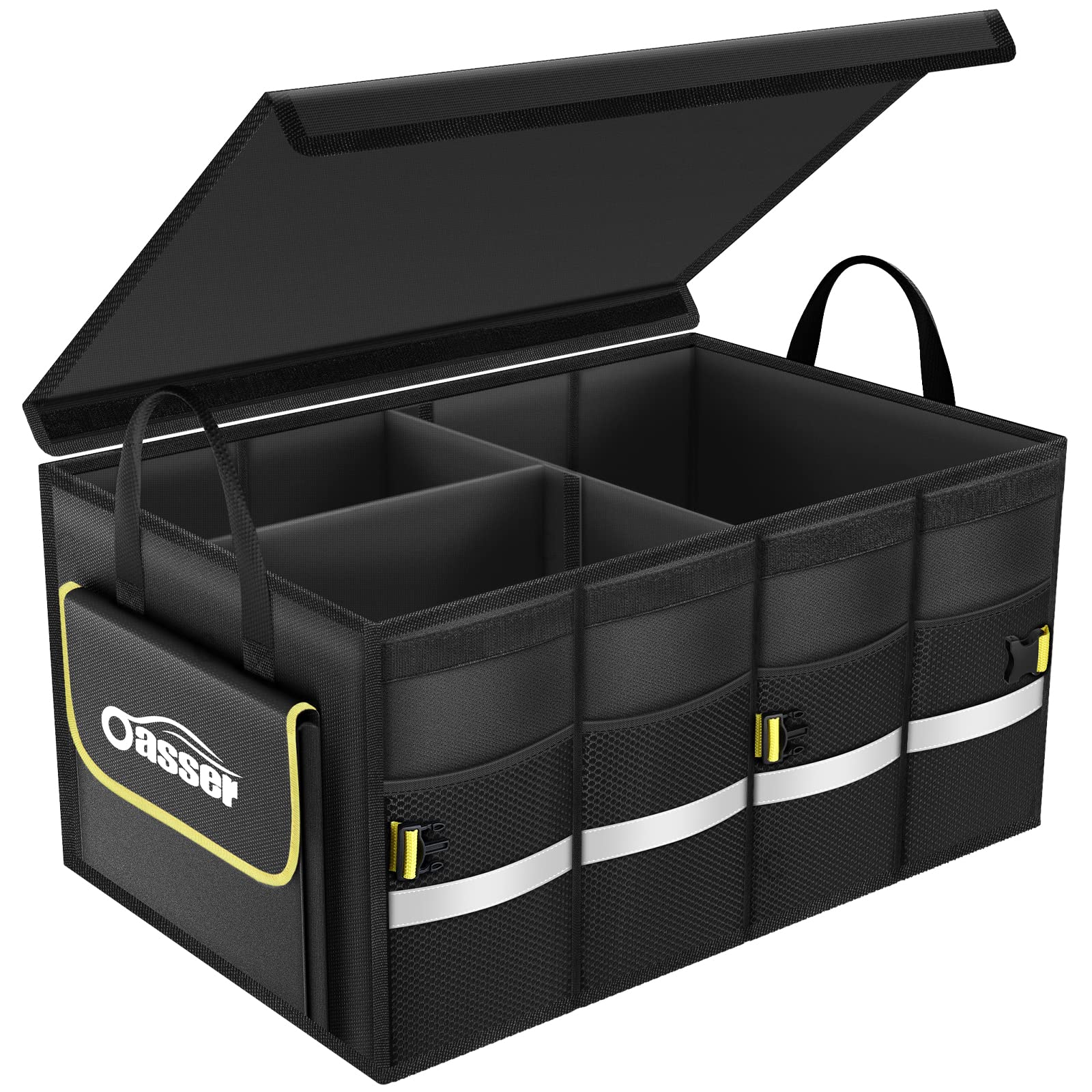 Oasser trunk organizer front view showing 3 compartments and sturdy build benefit tidy storage