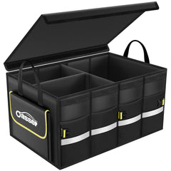Oasser trunk organizer front view showing 3 compartments and sturdy build benefit tidy storage