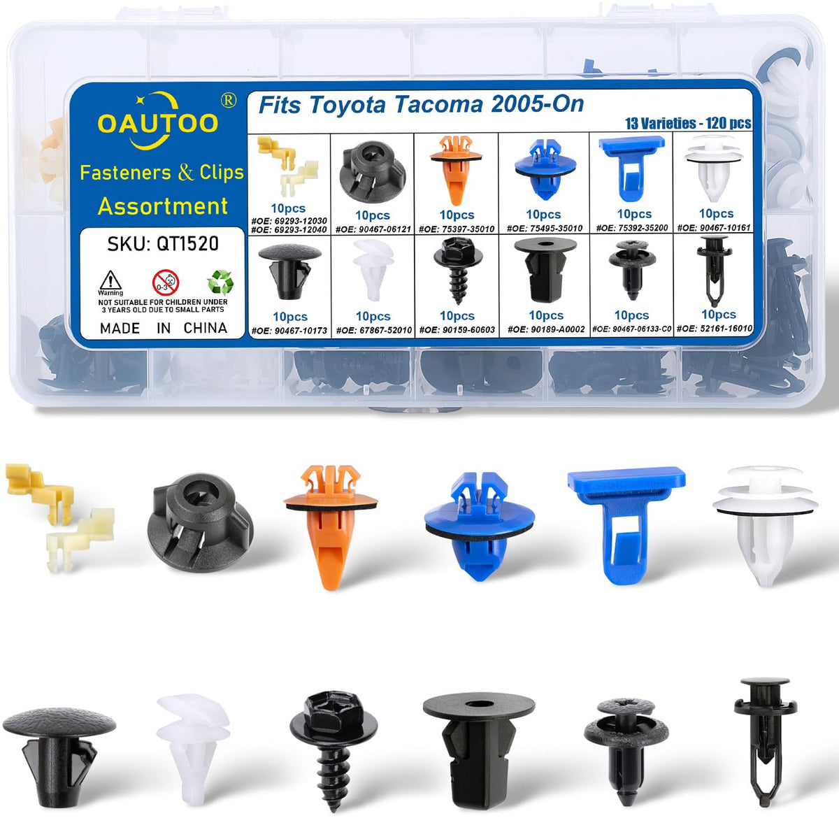 oautoo front packaging showing full 120pcs kit and organized tray benefits quick selection