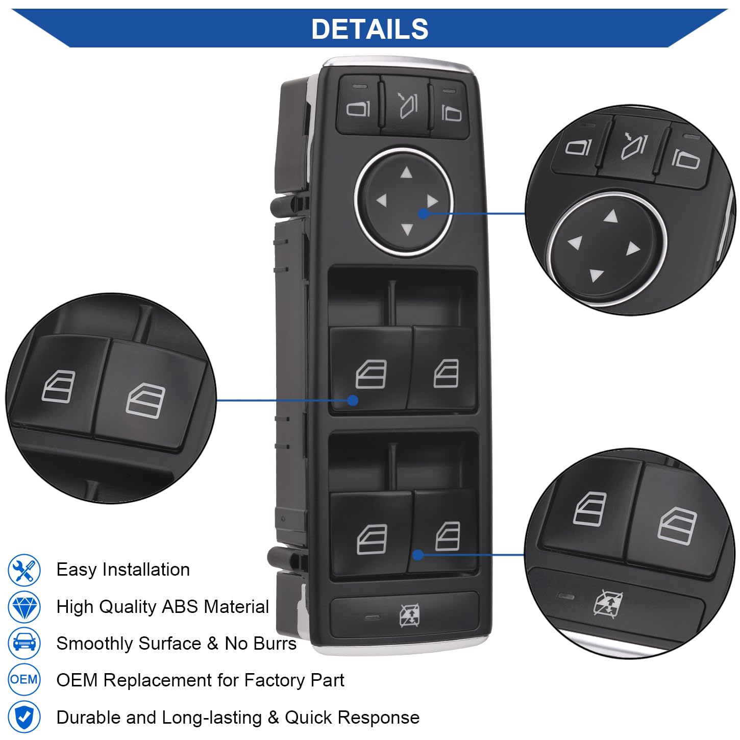 Obaee switch in a Mercedes interior lifestyle shot showing improved cabin convenience