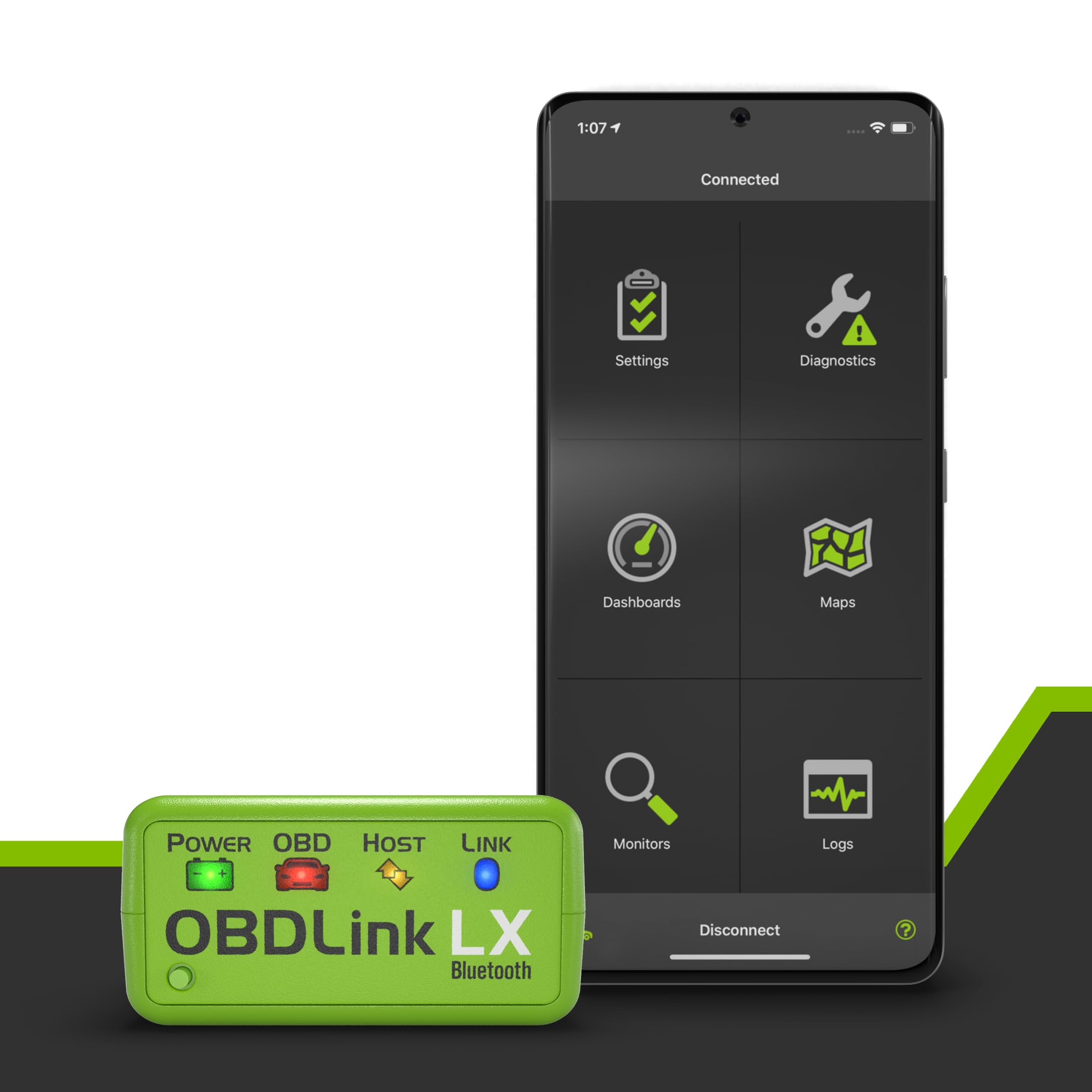 OBDLink LX status LEDs closeup showing device activity and fast diagnostic feedback