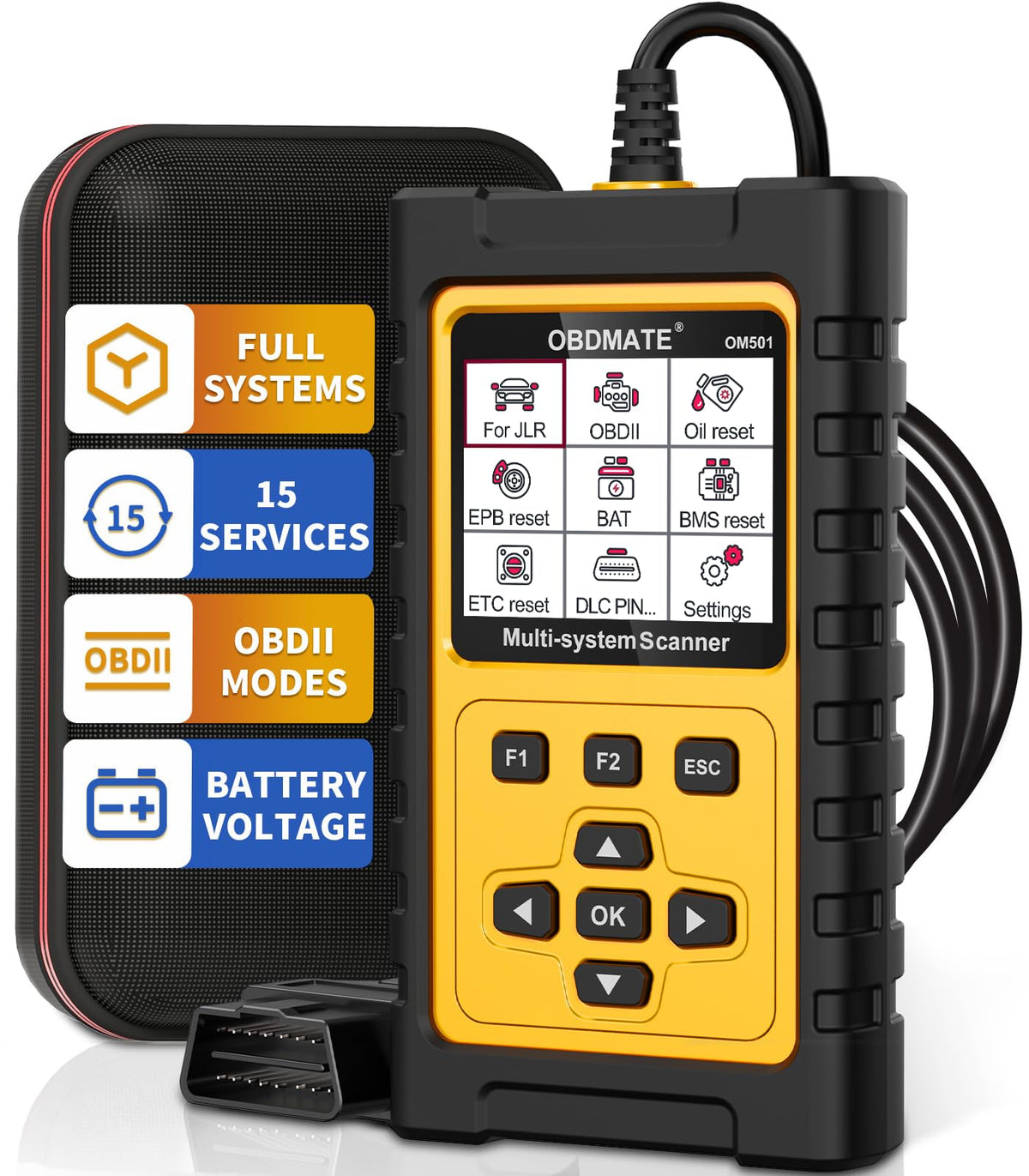 OBDMATE OM501 front display showing diagnostics and easy navigation benefit