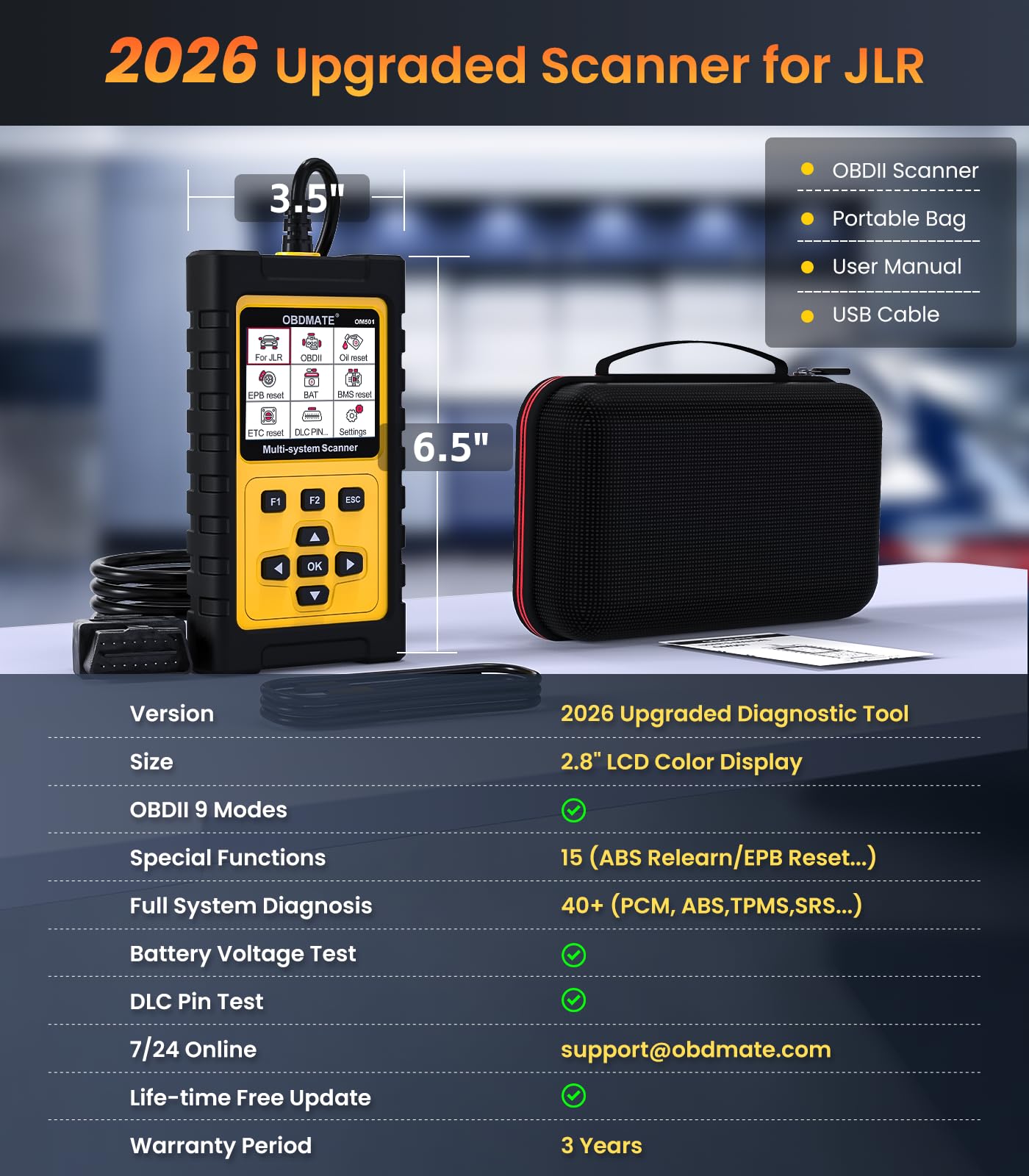 OBDMATE OM501 next to a smartphone for size comparison showing compact portability