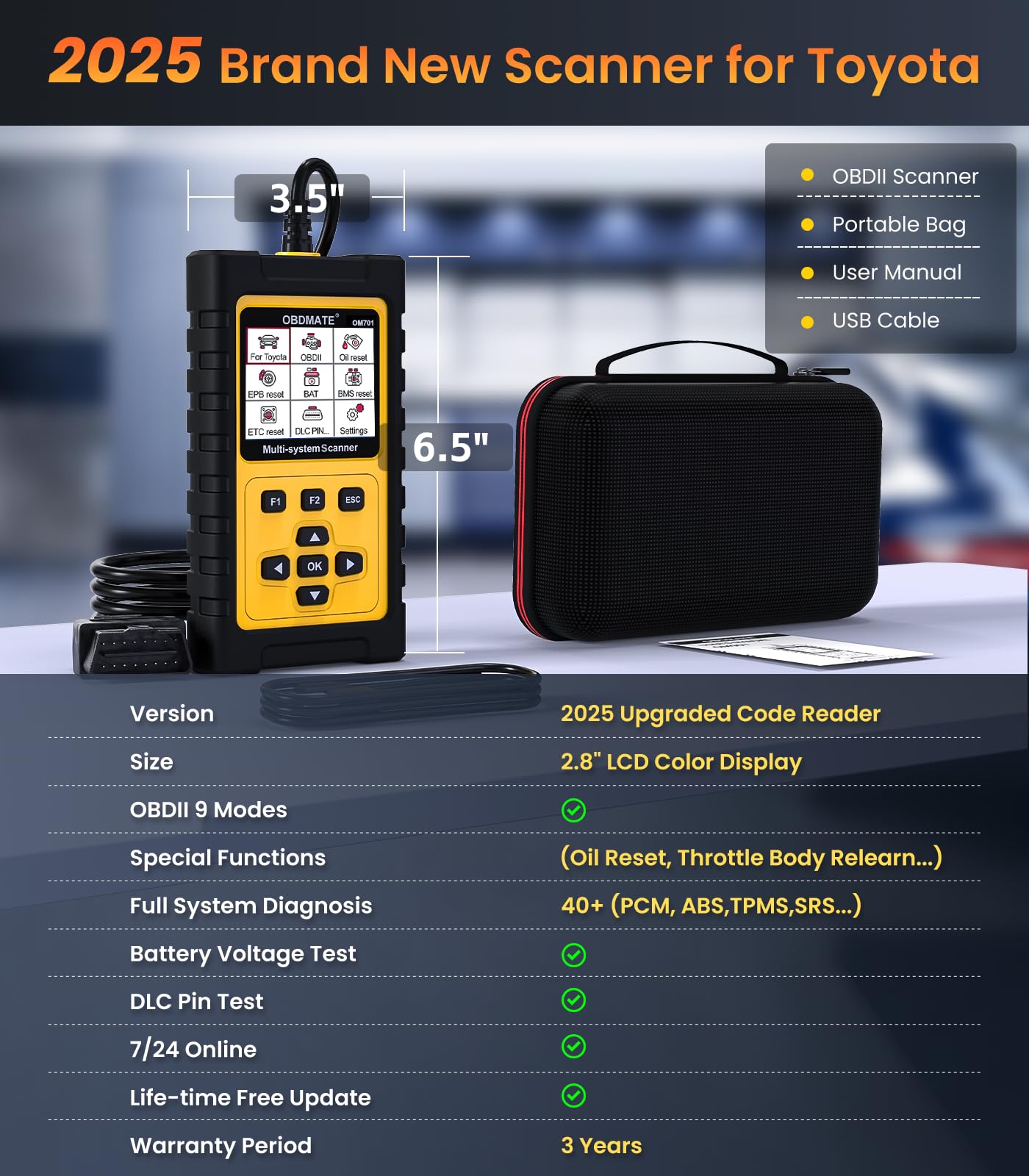 OBDMATE OM701 label and USB port detail for firmware updates and connectivity