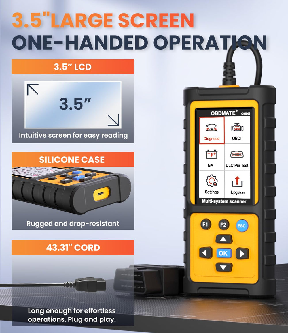 OBDMATE OM901 closeup showing DLC 16-pin test for connector verification