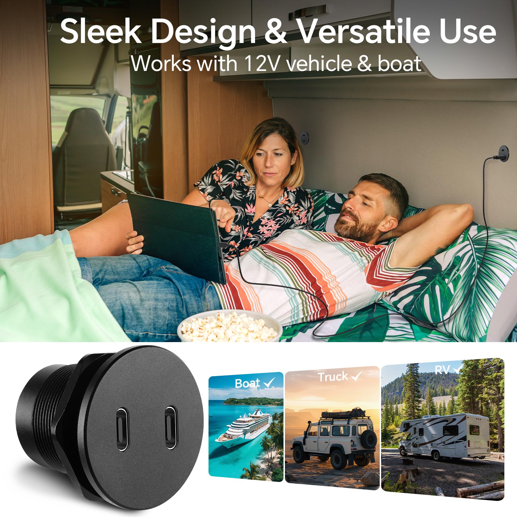 Obeaming charging phone and tablet in camper illustrating reliable on-the-road power