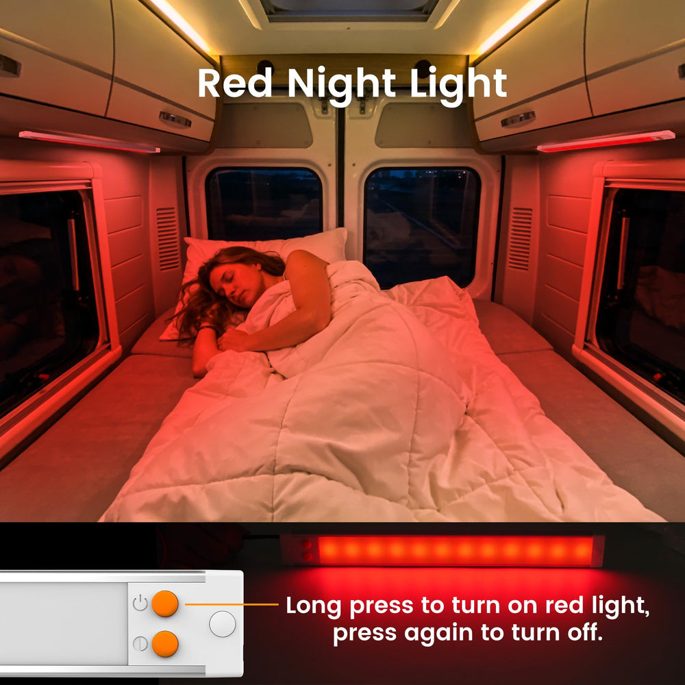Obeaming red night mode in RV hallway providing low-glare sleep-friendly light