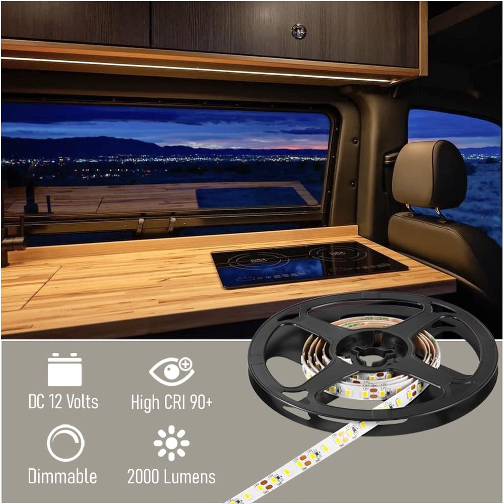 Obeaming strip installed under RV cabinet providing bright task lighting for cooking