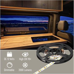 Obeaming strip installed under RV cabinet providing bright task lighting for cooking
