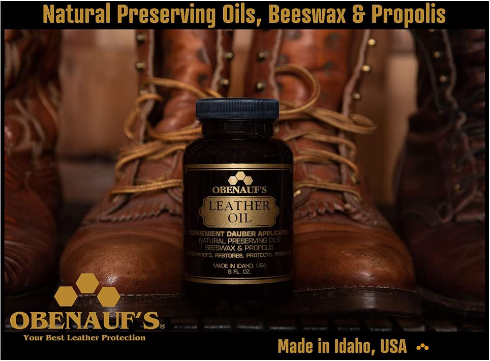 Obenauf's 8oz bottle next to boot for size comparison and practical scale