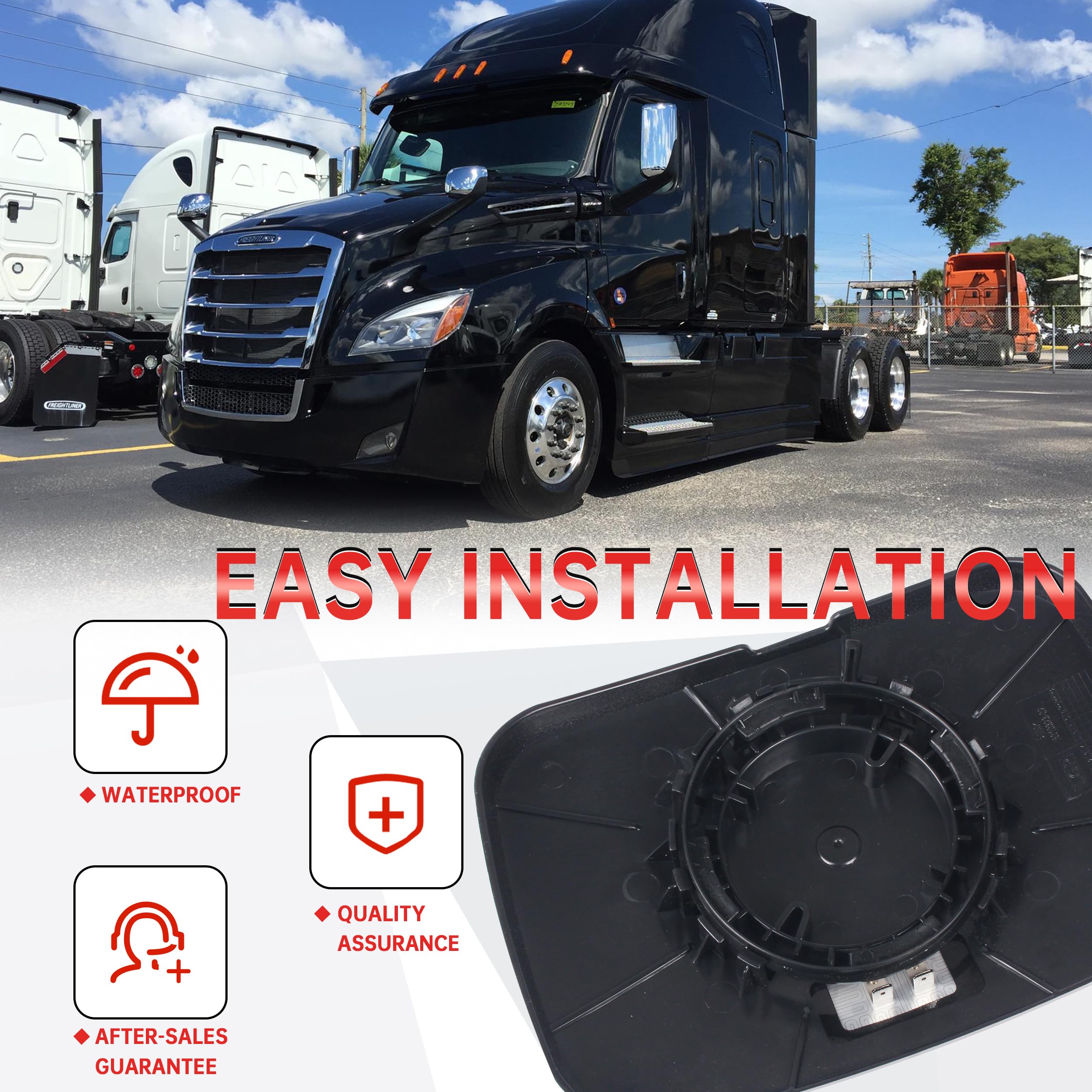 oddiyer left hood mirror glass installed on Freightliner Cascadia showing restored roadside view