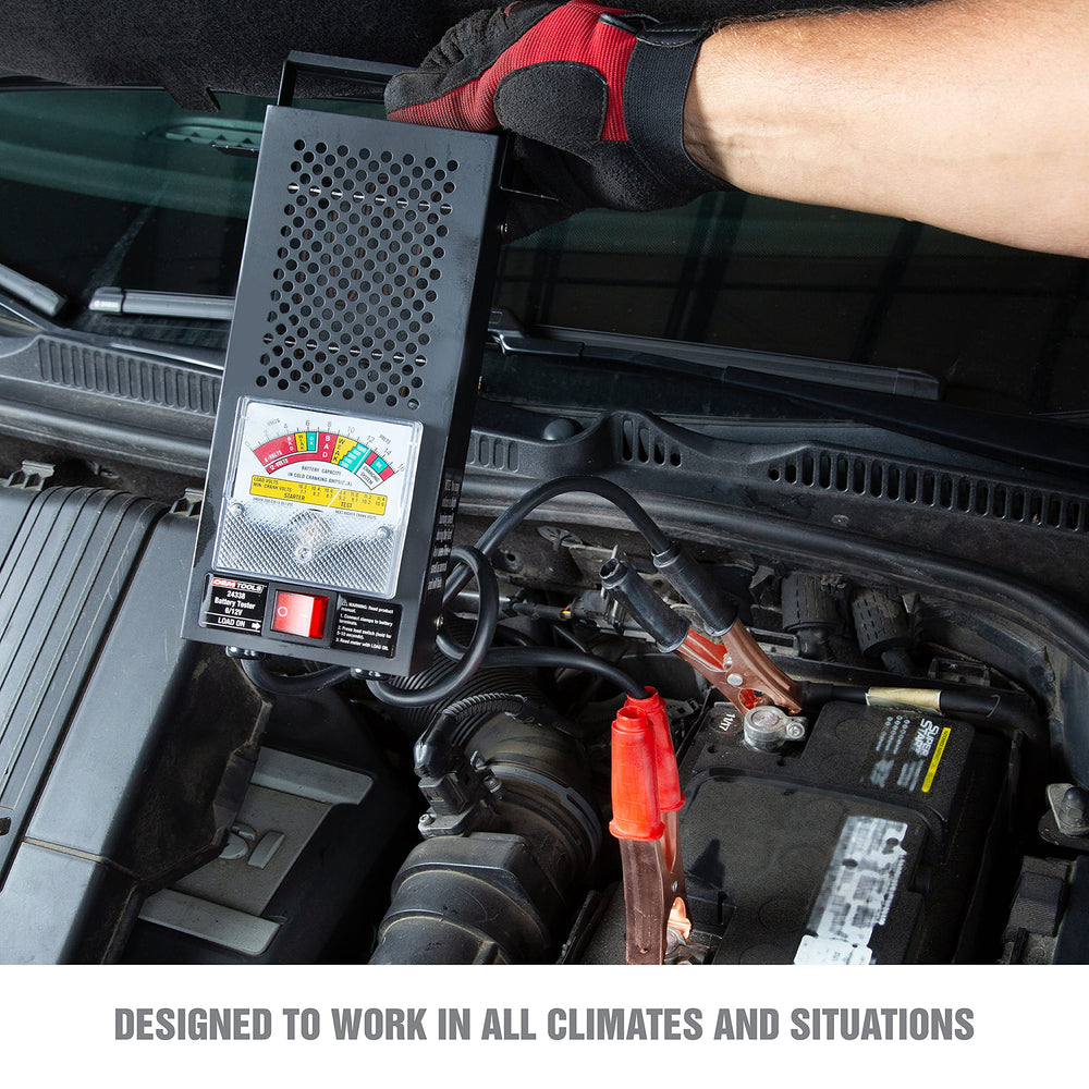 OEMTOOLS tester attached to a car battery demonstrating practical use