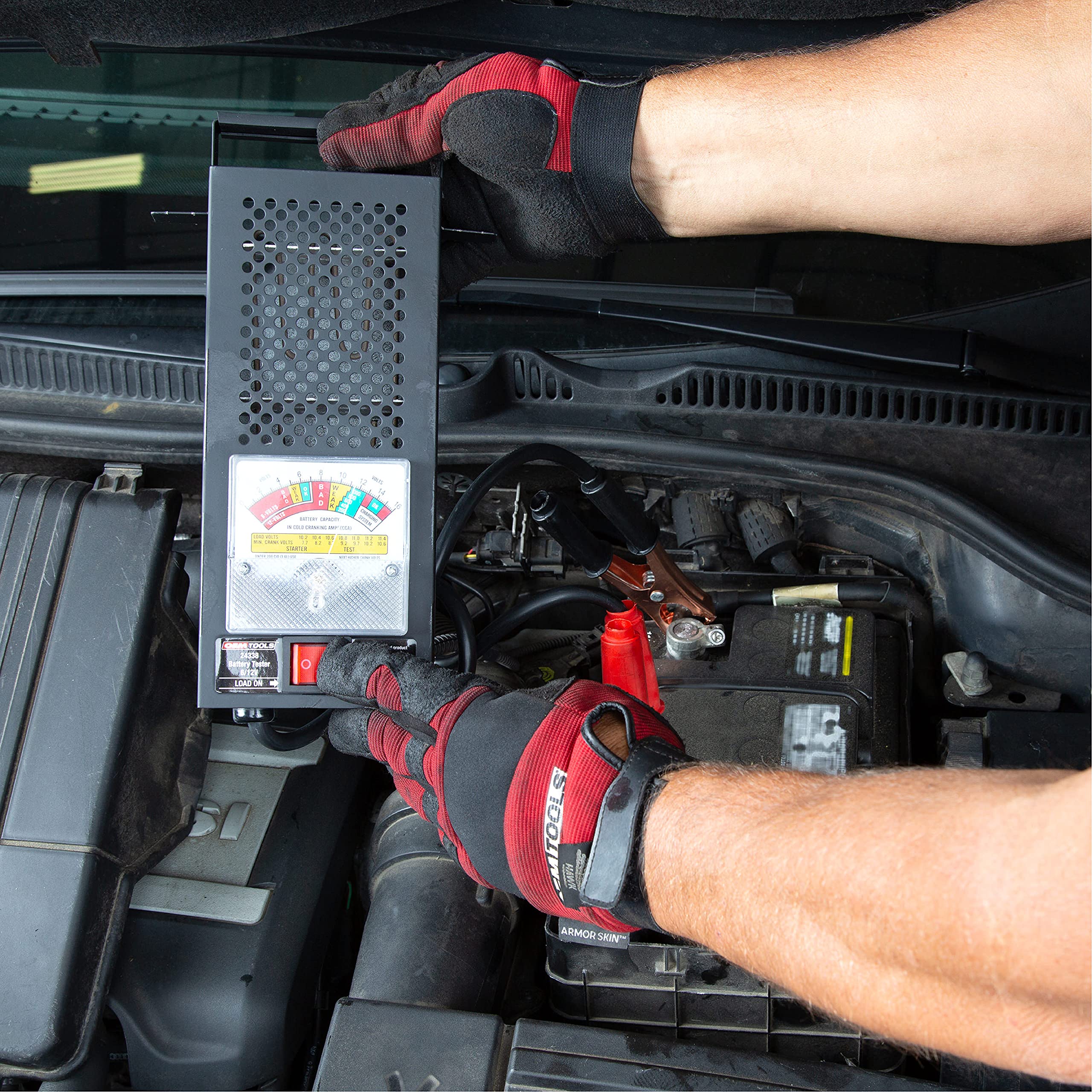 OEMTOOLS tester on a workbench in a garage helping fast battery checks