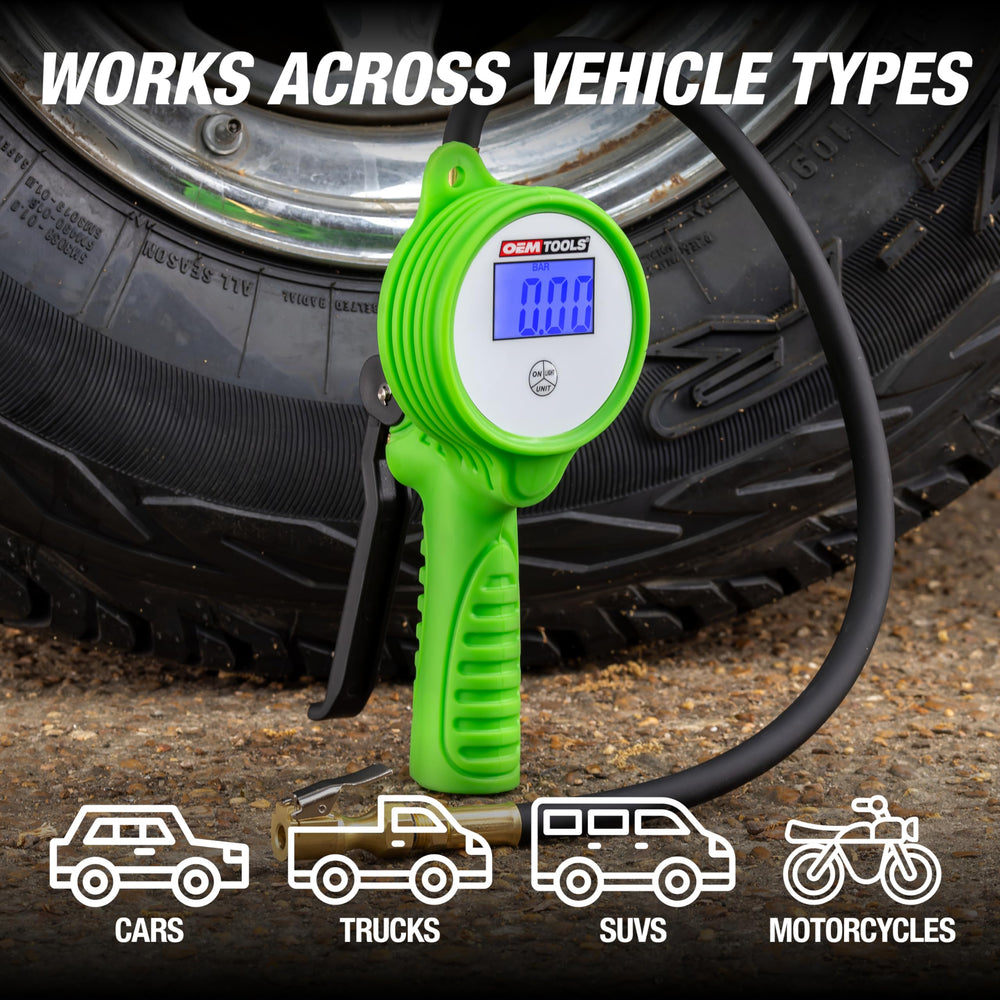 OEMTOOLS inflator attached to a tire valve demonstrating hands-free inflation benefit