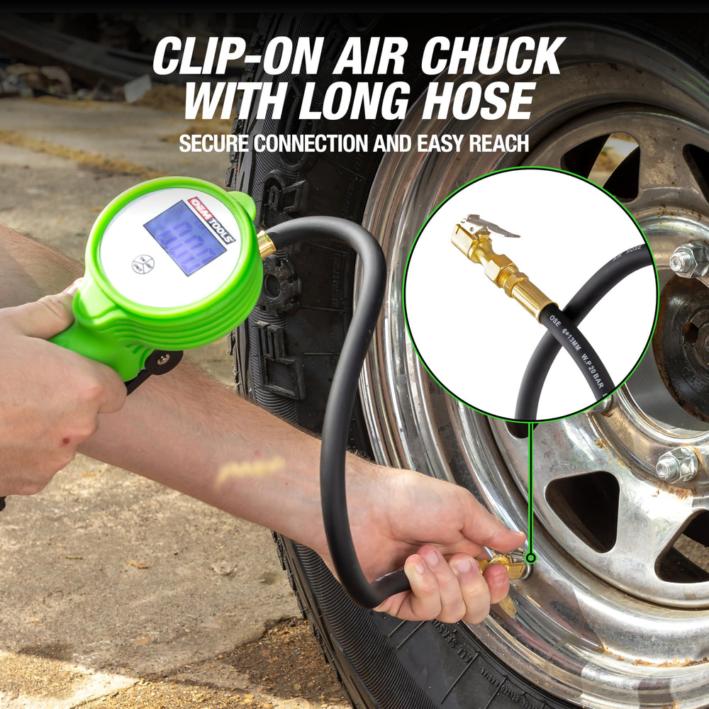OEMTOOLS inflator held in hand to show compact size and ergonomic control