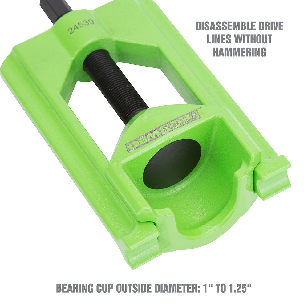 OEMTOOLS in use on a driveshaft demonstrating safe u-joint cup removal