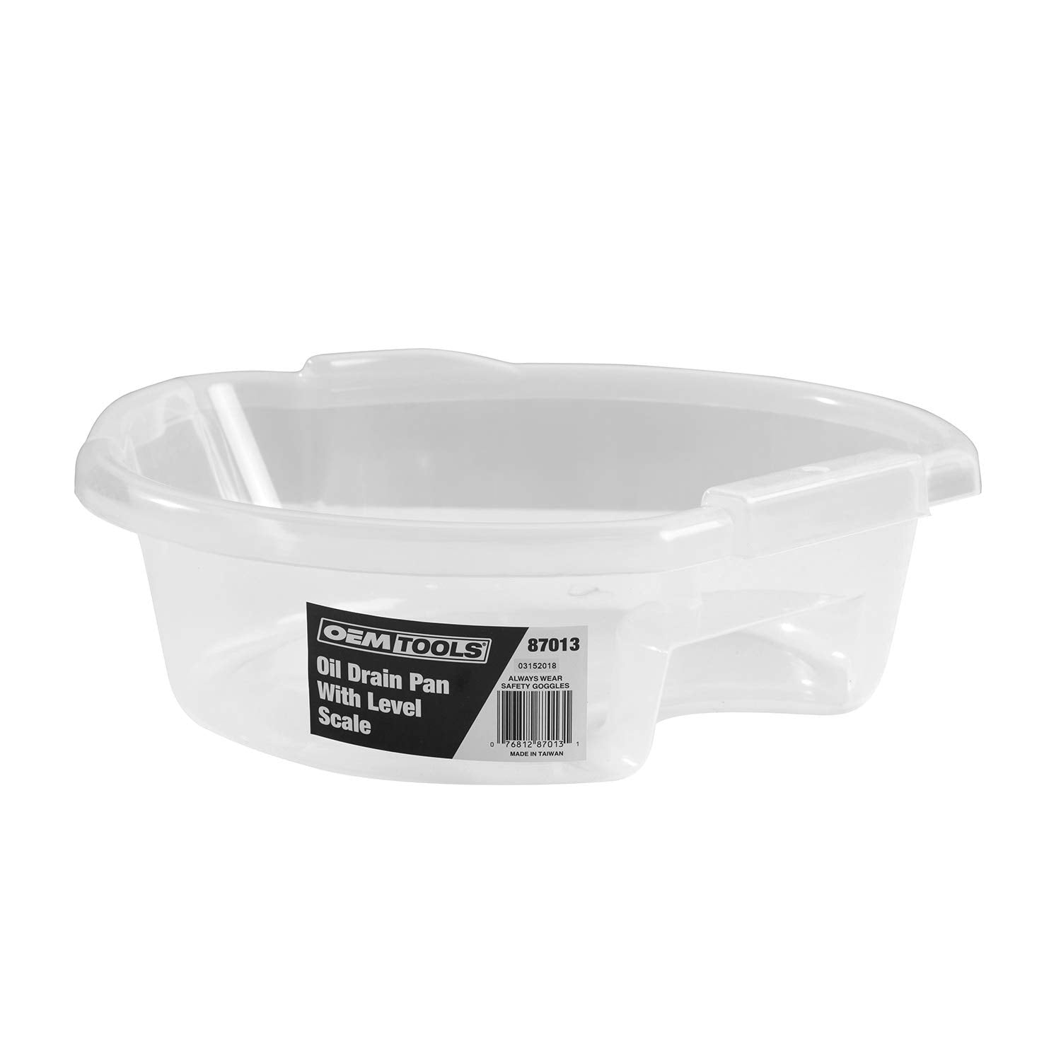OEMTOOLS clear oil drain pan front view showing shape and capacity benefit