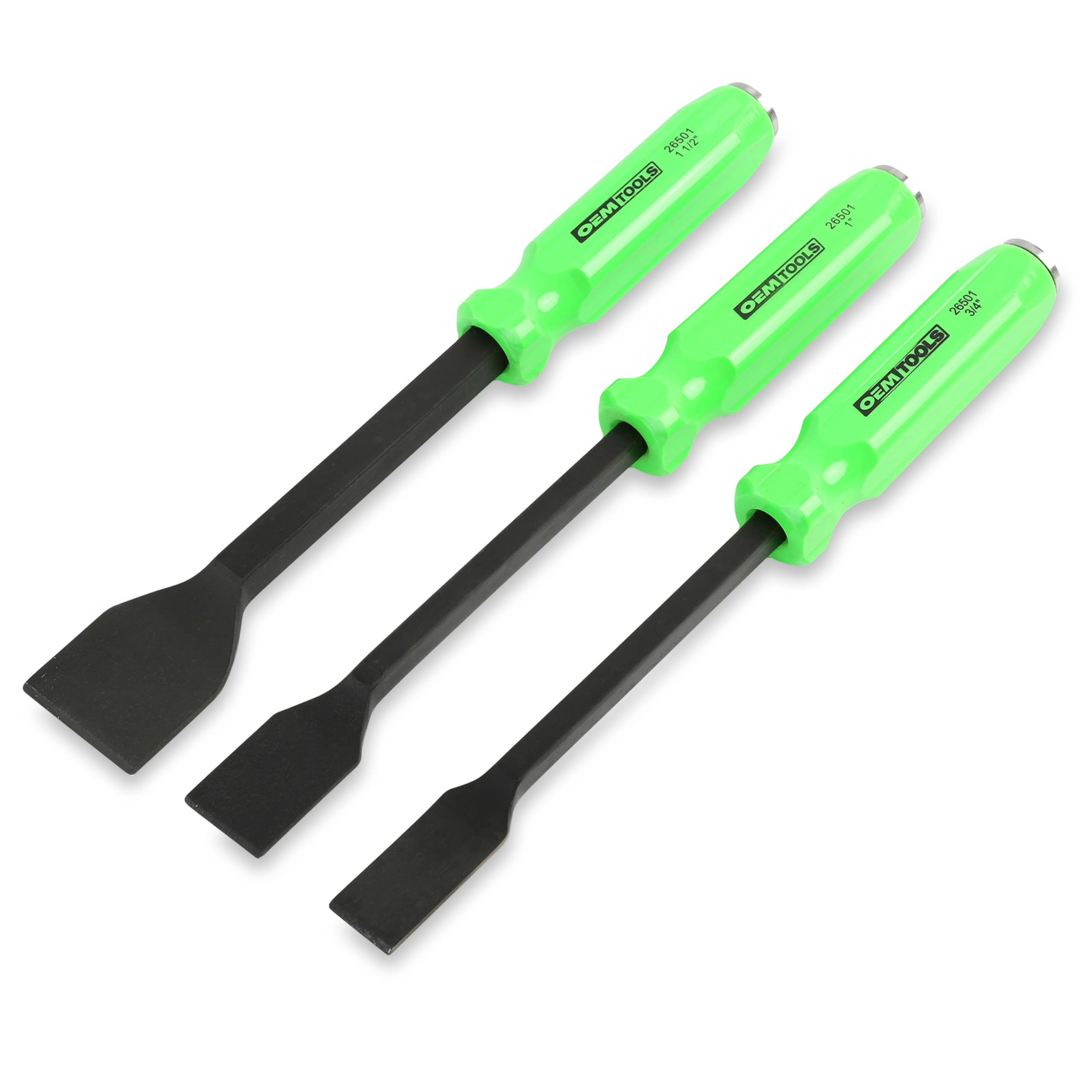 OEMTOOLS front view of three-piece scraper set showing sizes and compact storage benefit